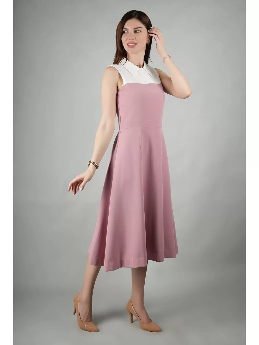 Exude Bronzed Color Block Dress With Collar (Blush Pink)