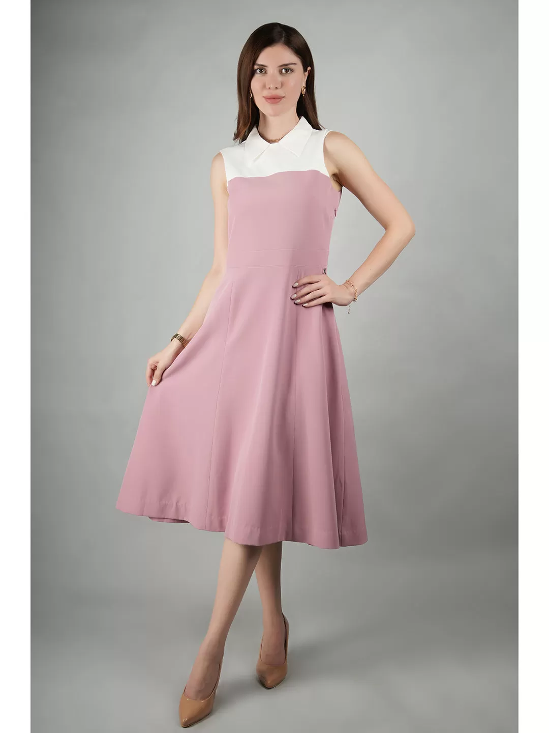 Exude Bronzed Color Block Dress With Collar (Blush Pink)