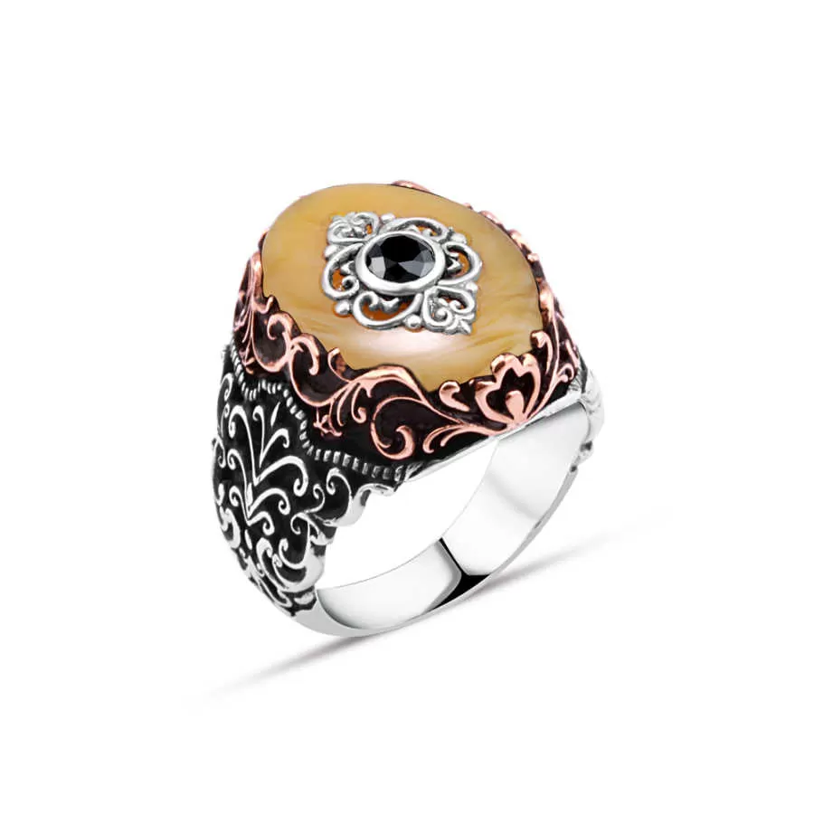 Eye Figure on Yellow Ellipse Synthetic Amber Stone Silver Men's Ring with Wavy Pattern Around