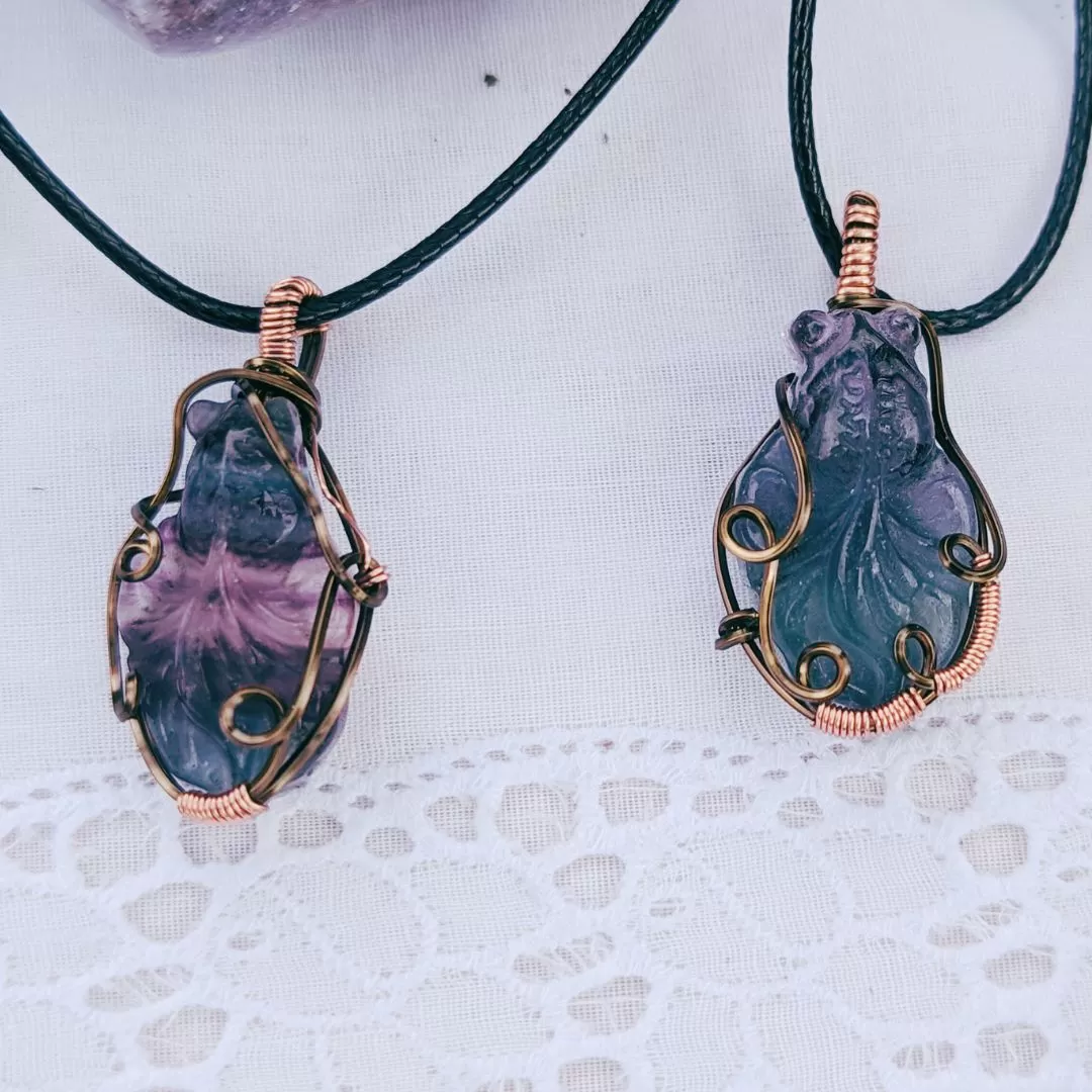 Fluorite Koi Pendants ~ Symbol of Strength and Vitality~ Includes Necklace Cord ~ Wire Wrapped Antique Copper