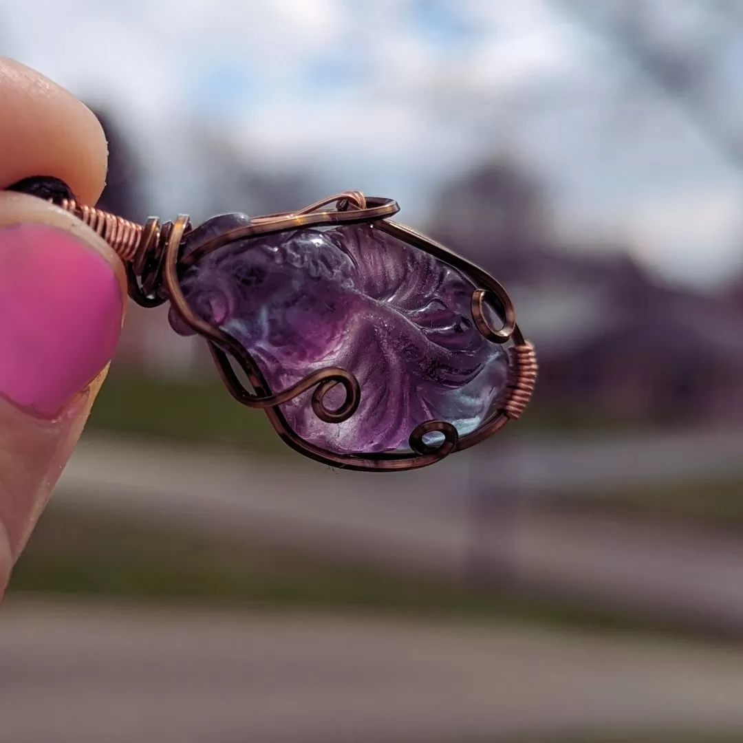 Fluorite Koi Pendants ~ Symbol of Strength and Vitality~ Includes Necklace Cord ~ Wire Wrapped Antique Copper