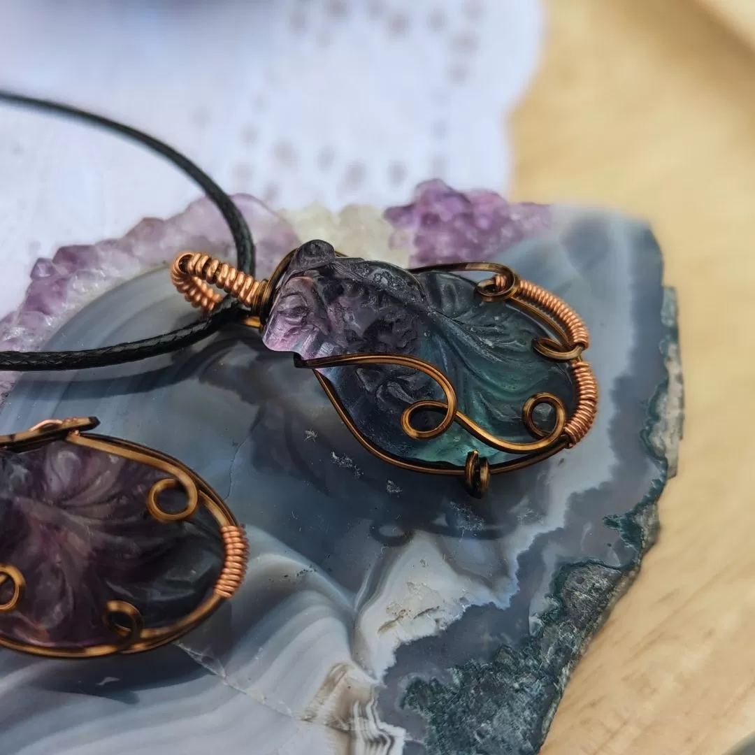 Fluorite Koi Pendants ~ Symbol of Strength and Vitality~ Includes Necklace Cord ~ Wire Wrapped Antique Copper