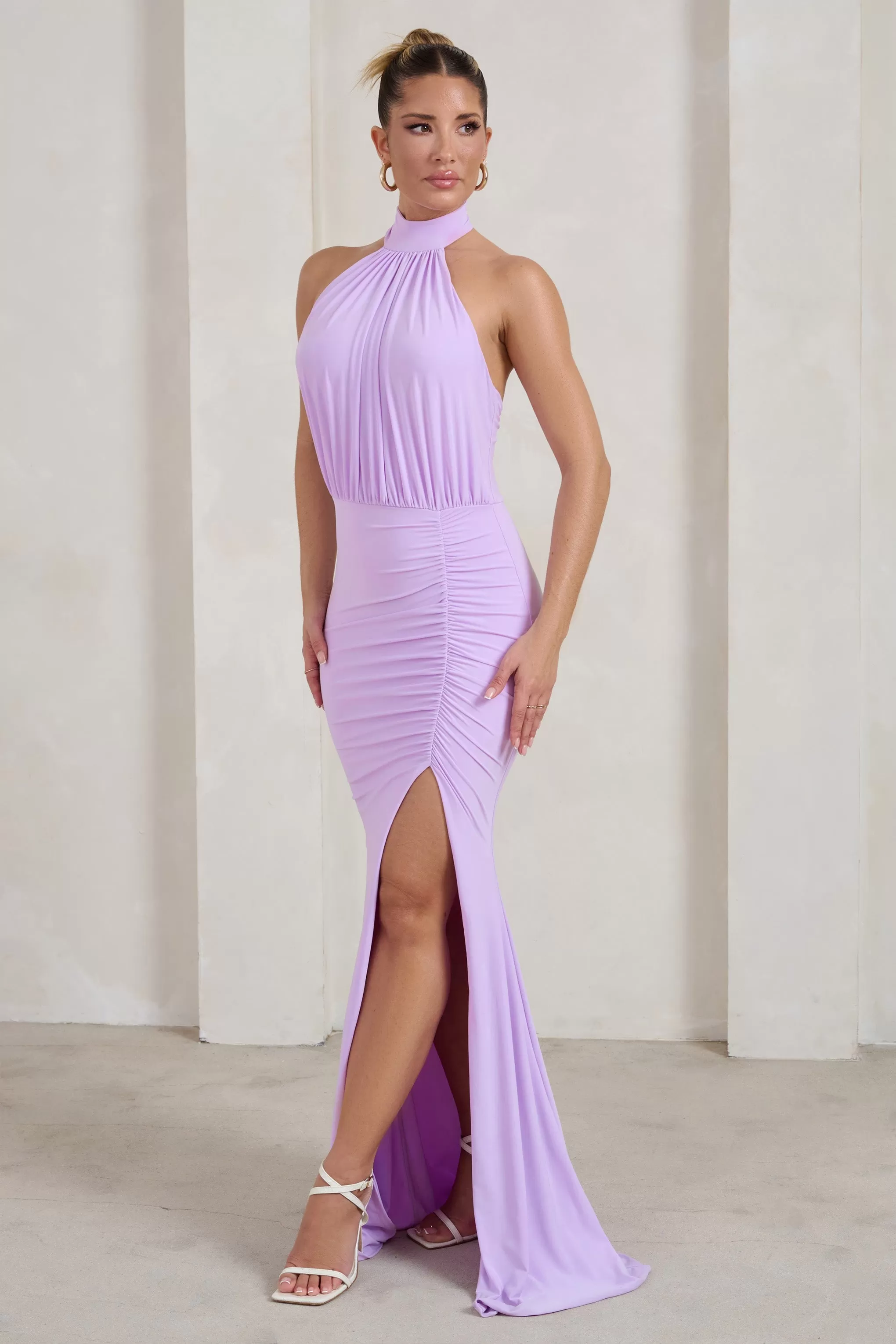 Forever Dreaming | Lilac Backless Halterneck Ruched Split Maxi Dress