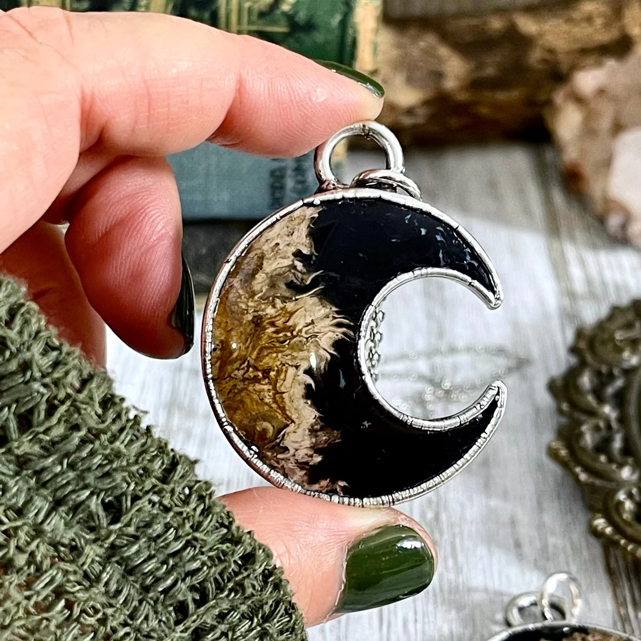 Fossilized Palm Root Crescent Moon Necklace in Fine Silver  / Foxlark Collection - One of a Kind