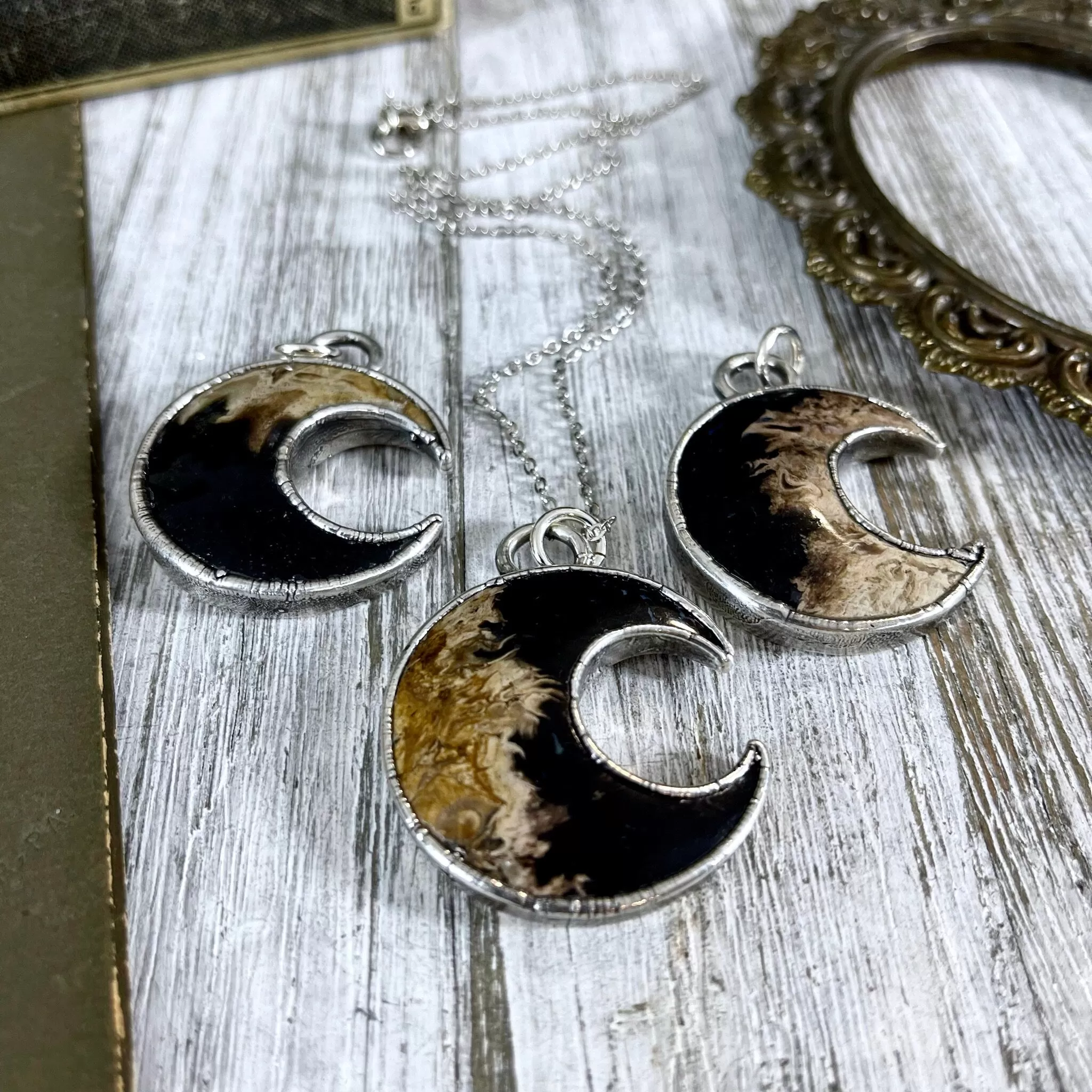 Fossilized Palm Root Crescent Moon Necklace in Fine Silver  / Foxlark Collection - One of a Kind