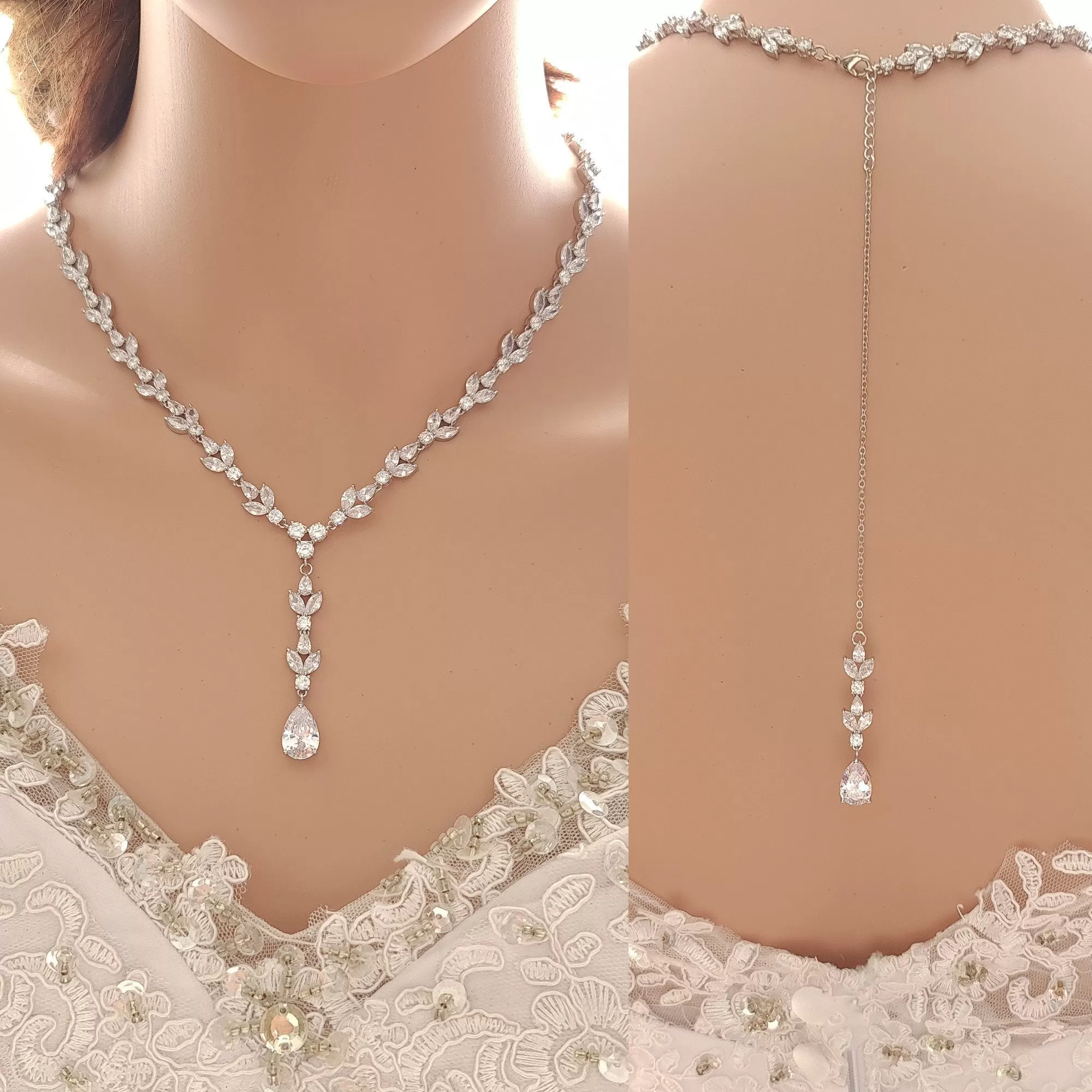 Full Crystal Wedding Necklace with Simple Backdrop Gold-Anya