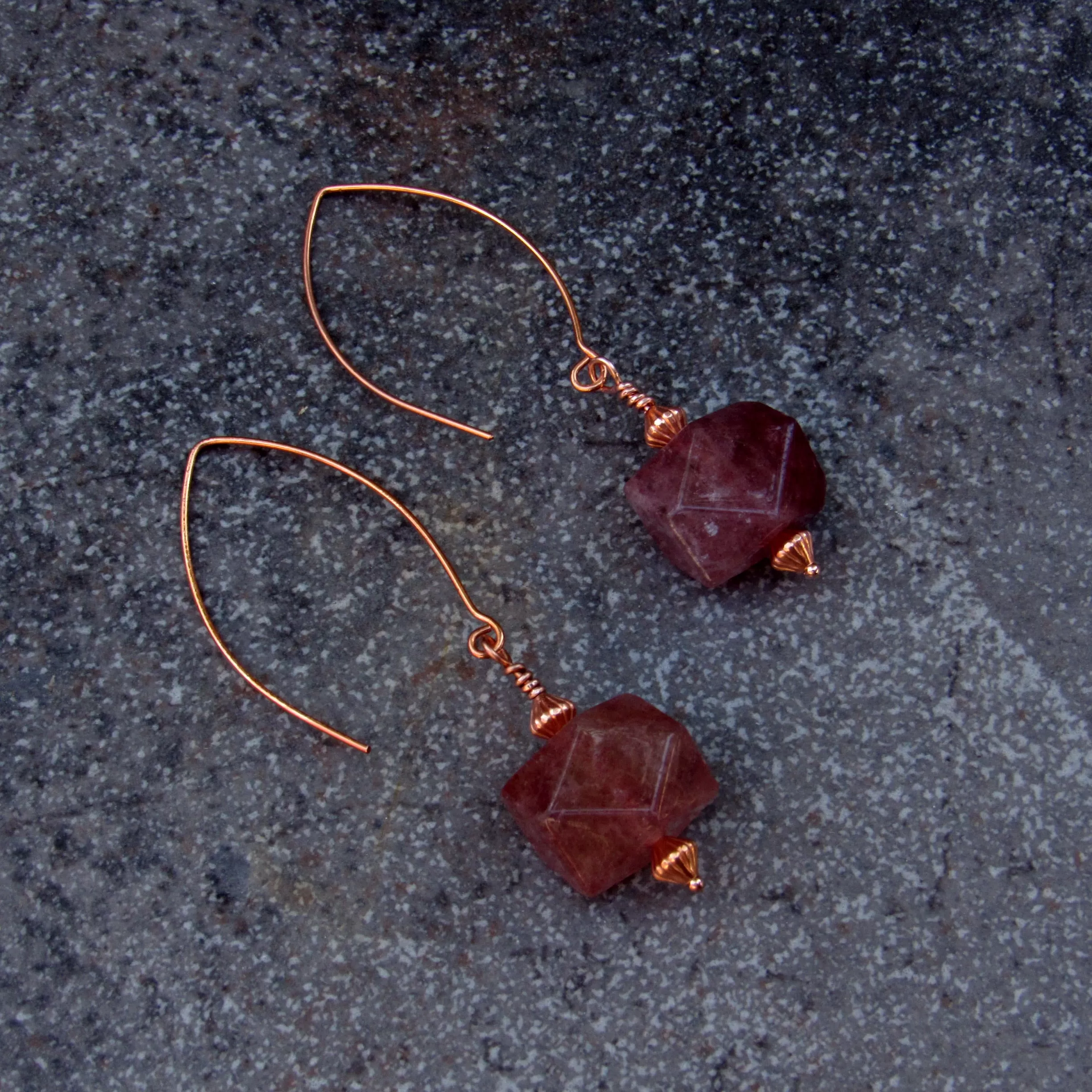 Genuine Copper and Natural Strawberry Quartz gemstone Earrings