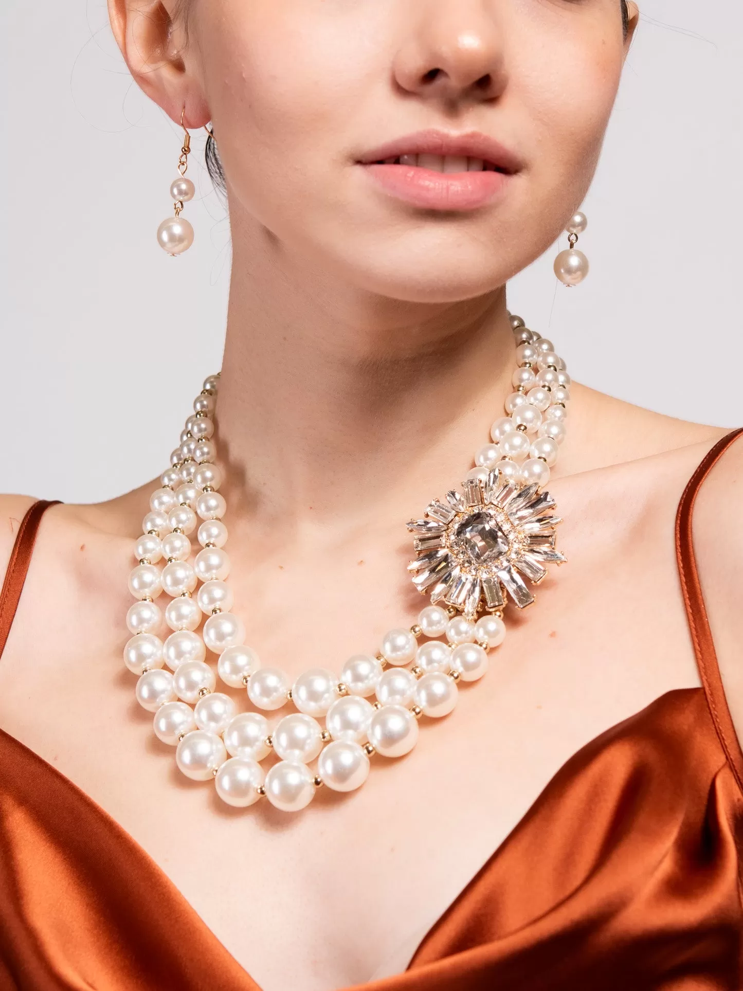 Giselle 3 Line Pearl Rhinestone Necklace Set