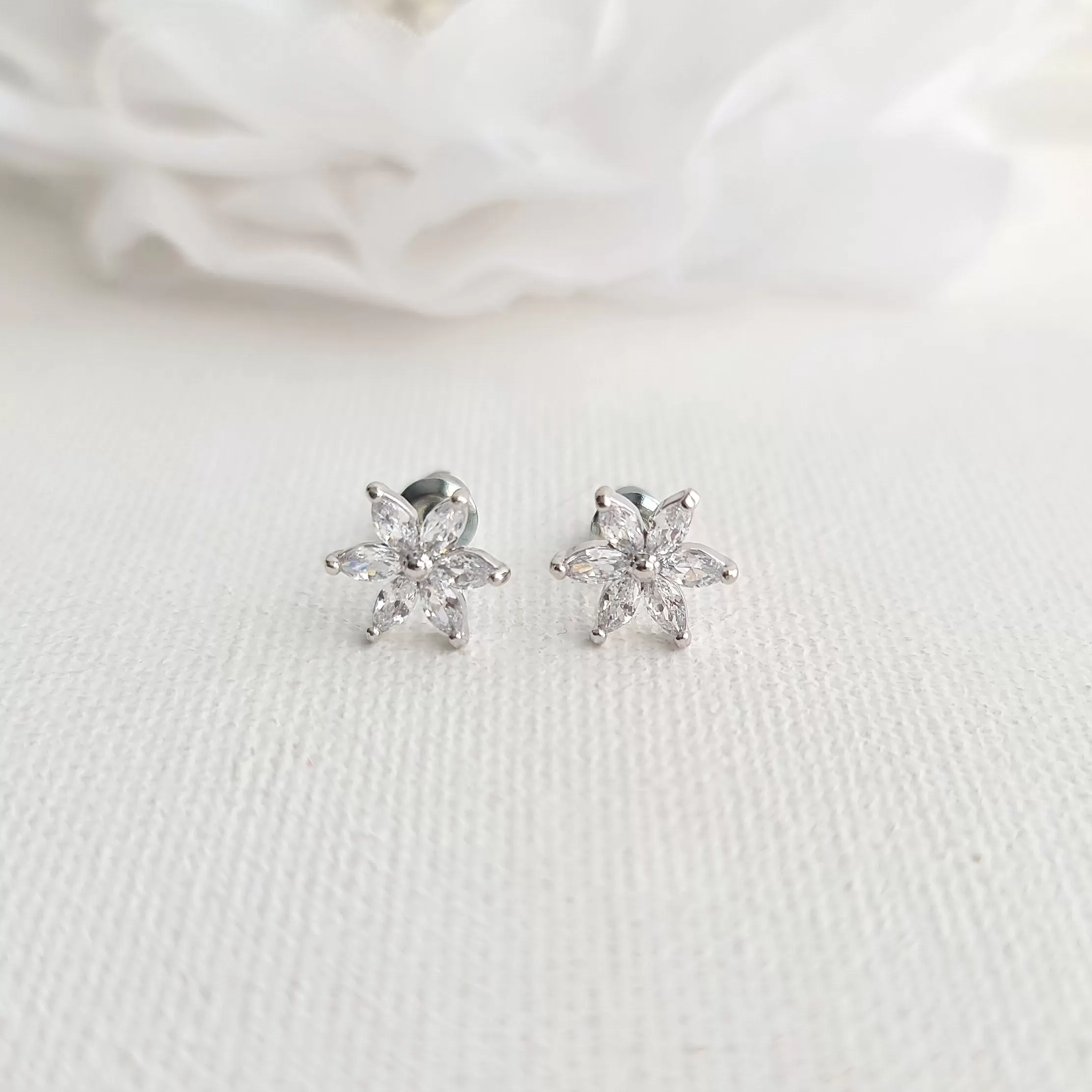 Gold and CZ Flower Stud Earrings-Trisha