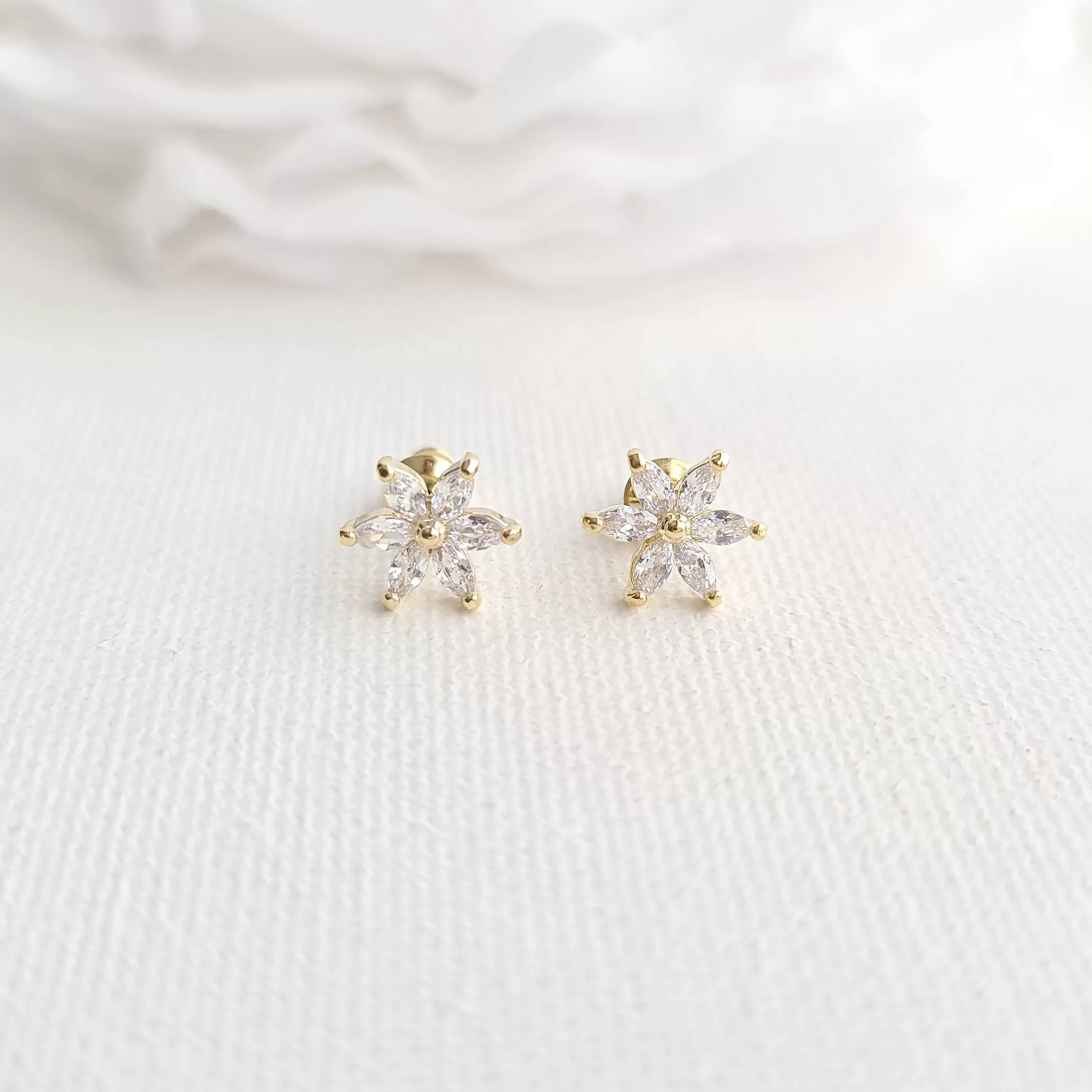 Gold and CZ Flower Stud Earrings-Trisha