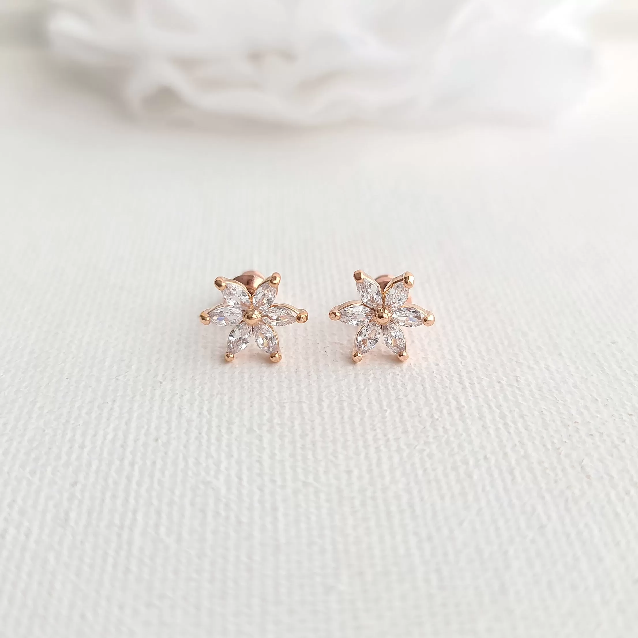 Gold and CZ Flower Stud Earrings-Trisha