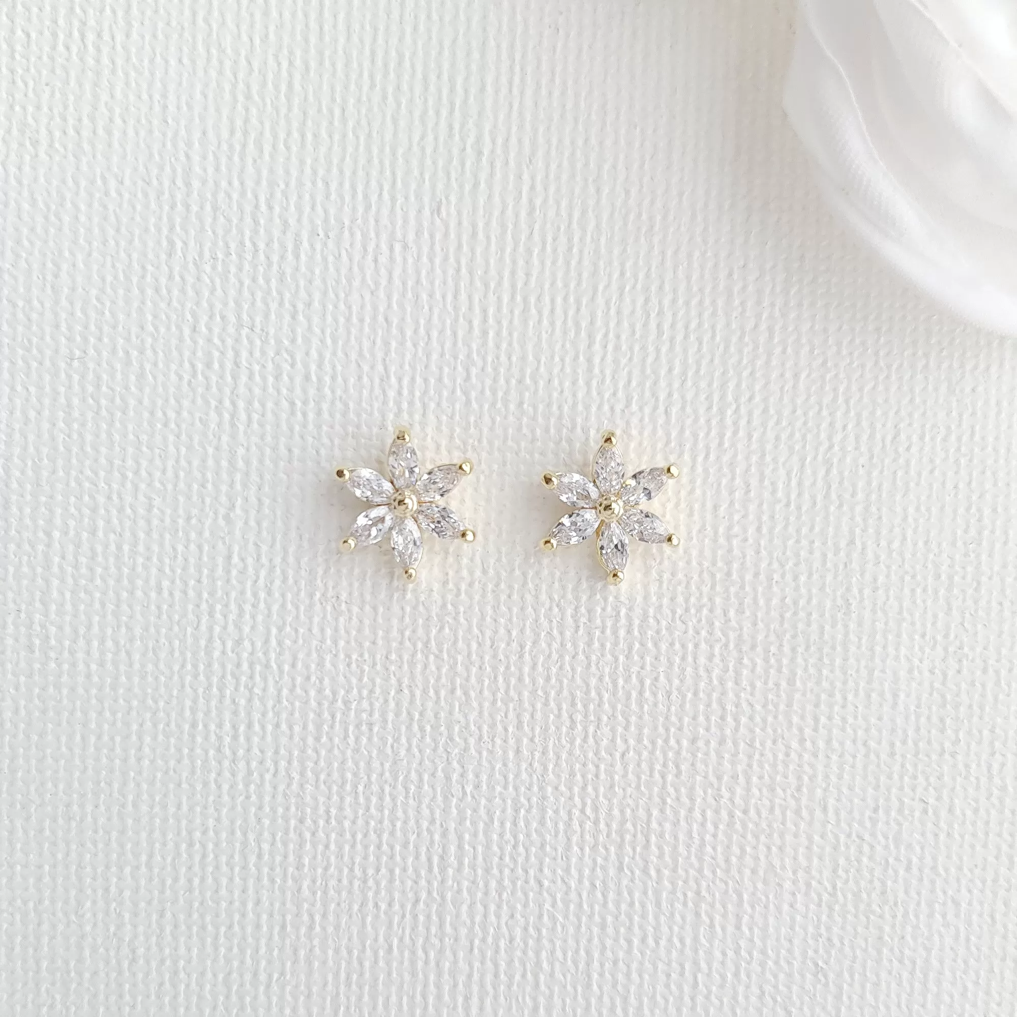 Gold and CZ Flower Stud Earrings-Trisha