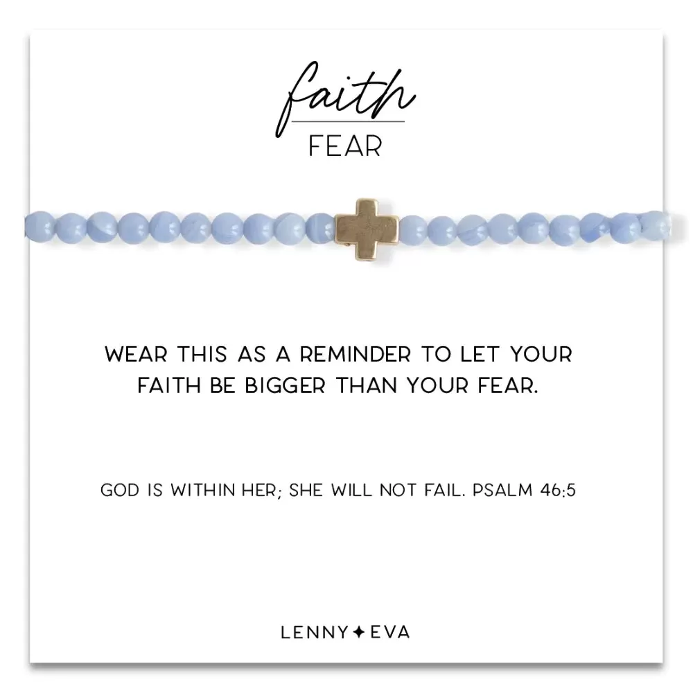 Gold Cross Faith Over Fear Bracelet in Blue Agate