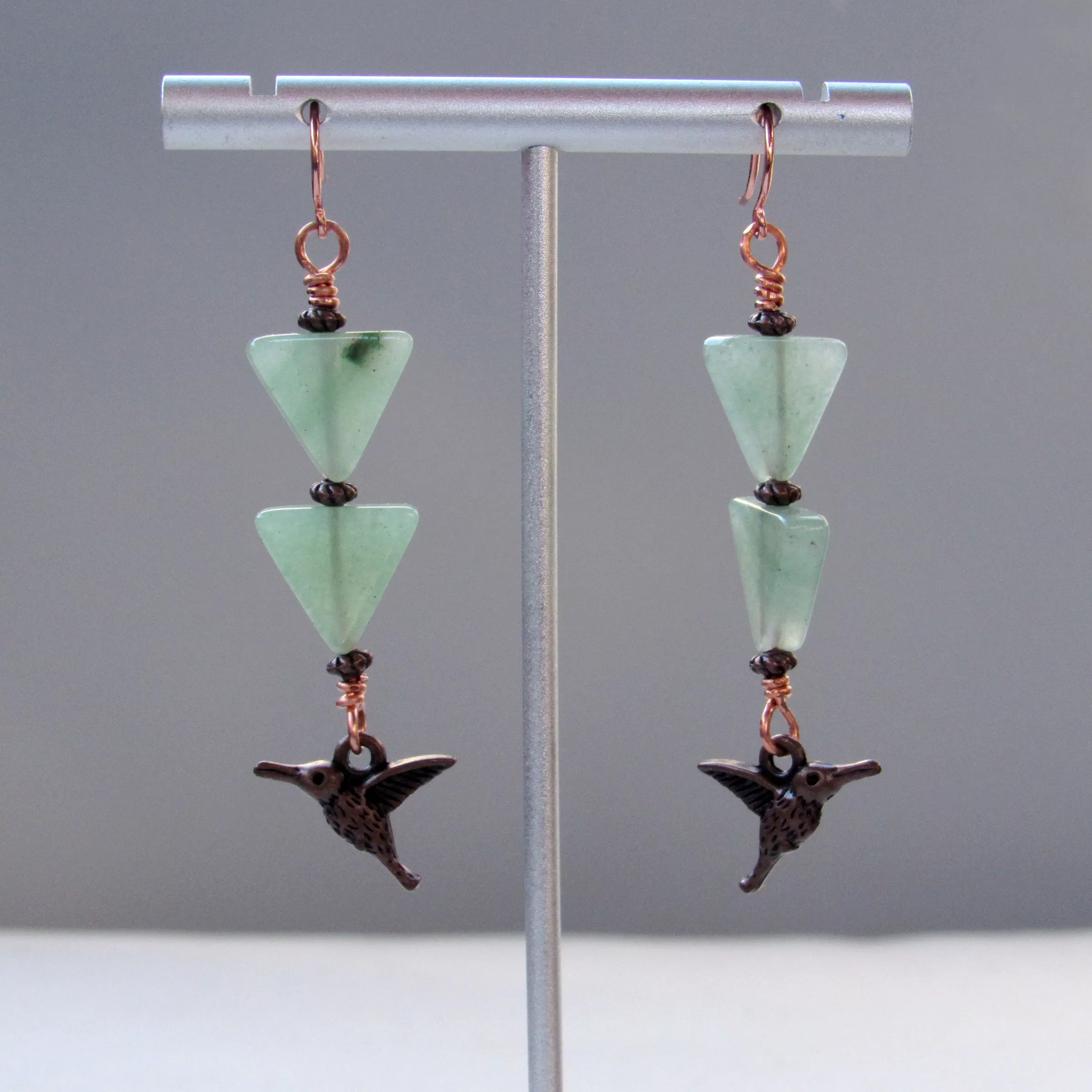 Green Aventurine gemstone  Copper Hummingbird Drop Earrings