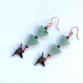 Green Aventurine gemstone  Copper Hummingbird Drop Earrings