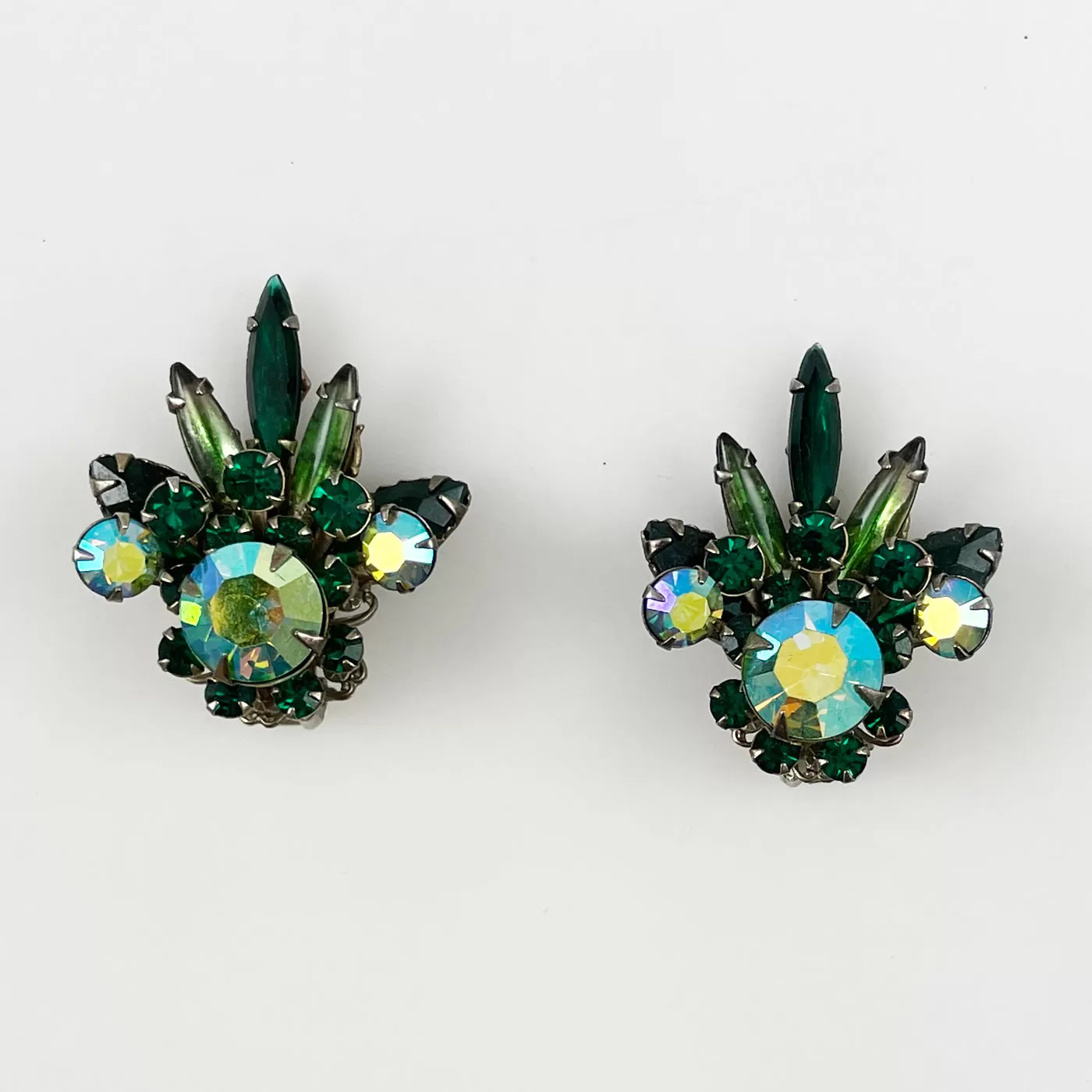 Green Rhinestone Clip On Earrings 1960's Vintage