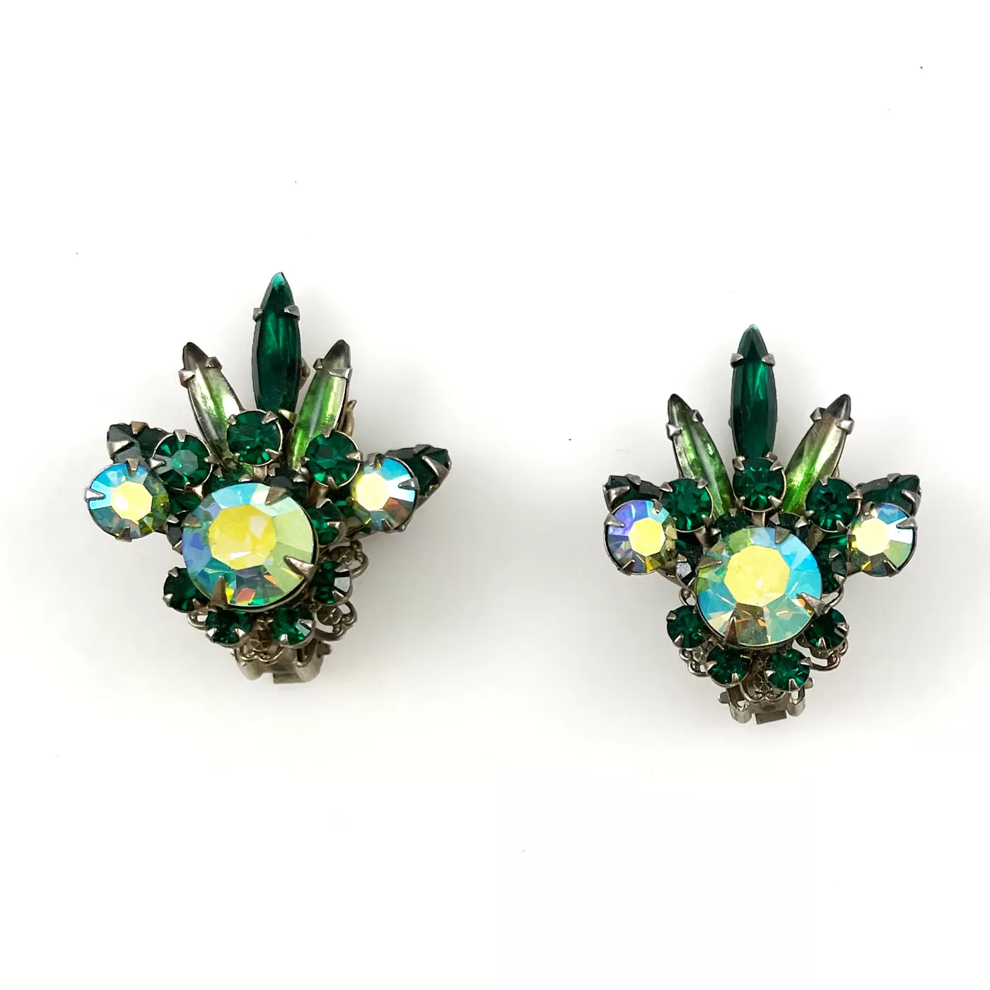 Green Rhinestone Clip On Earrings 1960's Vintage