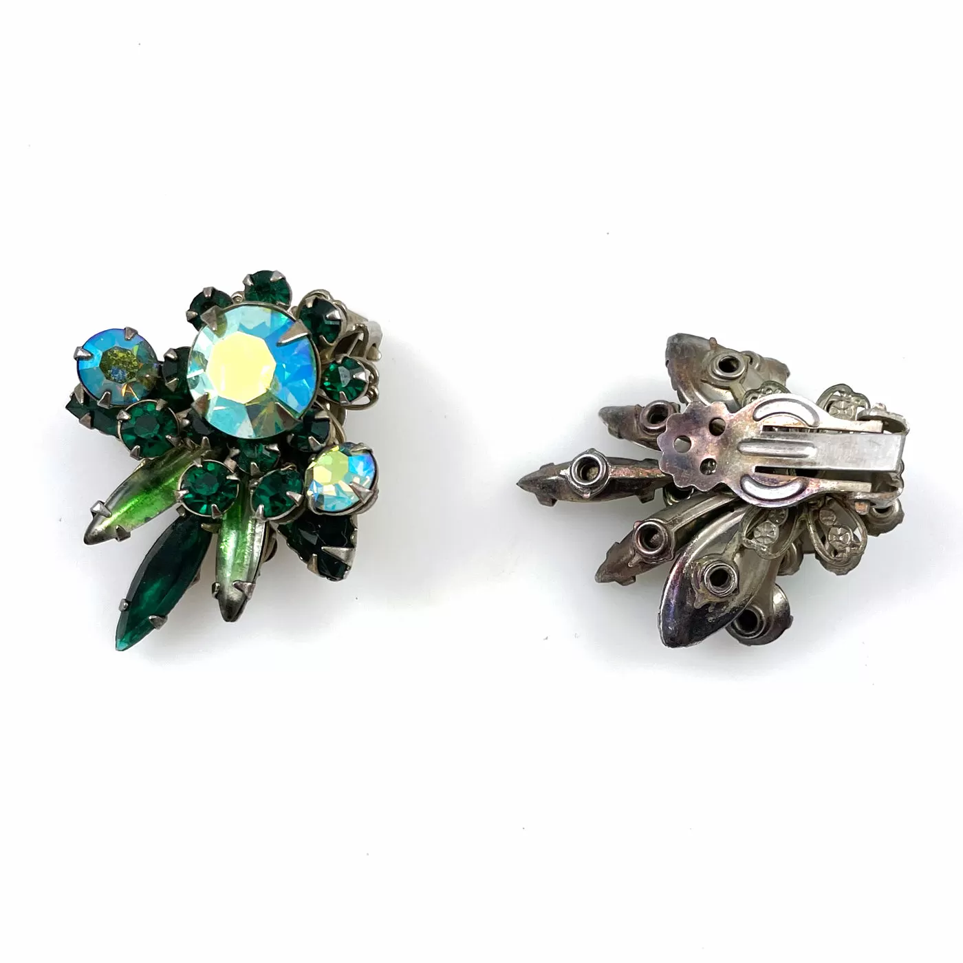 Green Rhinestone Clip On Earrings 1960's Vintage