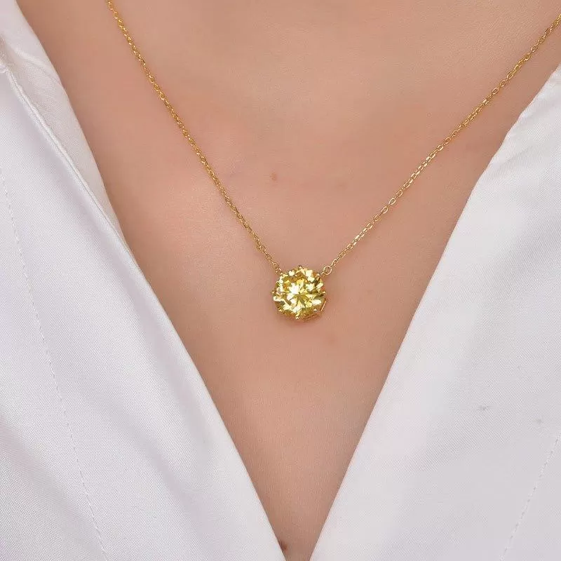 Halo Yellow Topaz Round Cut Necklace