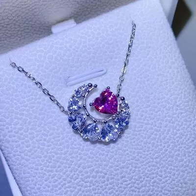 Heart and Moon 1 Carat Moissanite 925 Sterling Silver Gemstone Pendant Necklace