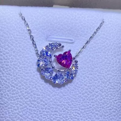 Heart and Moon 1 Carat Moissanite 925 Sterling Silver Gemstone Pendant Necklace