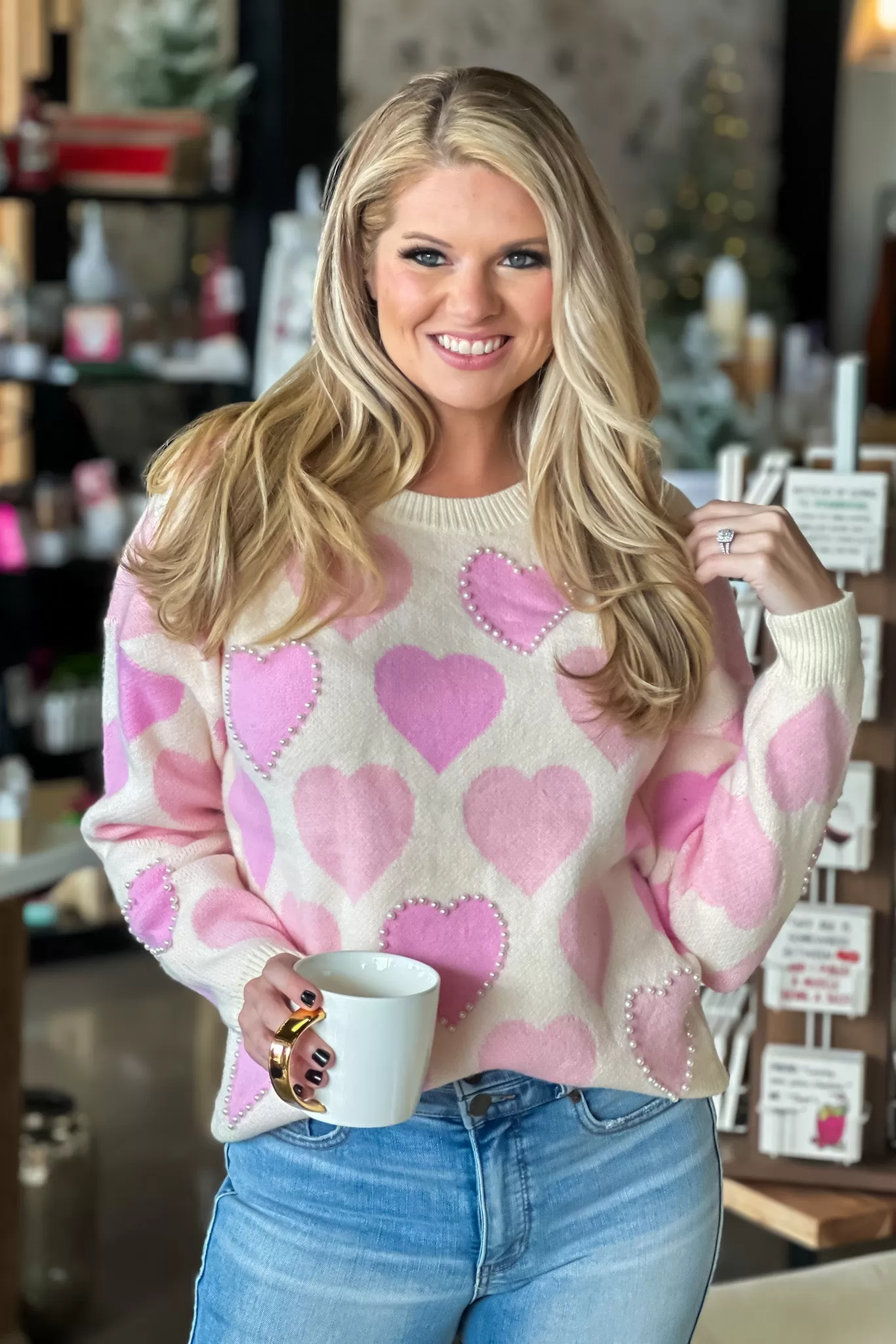 Hearts Aglow Pearl Trimmed Heart Sweater : Cream/Pink