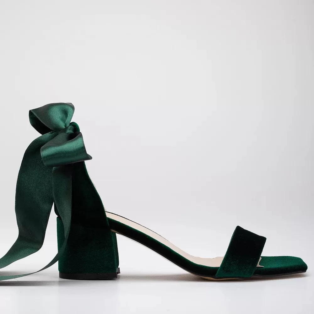 Hera Vegan Velvet Ribbon Heeled Sandals | Emerald Green