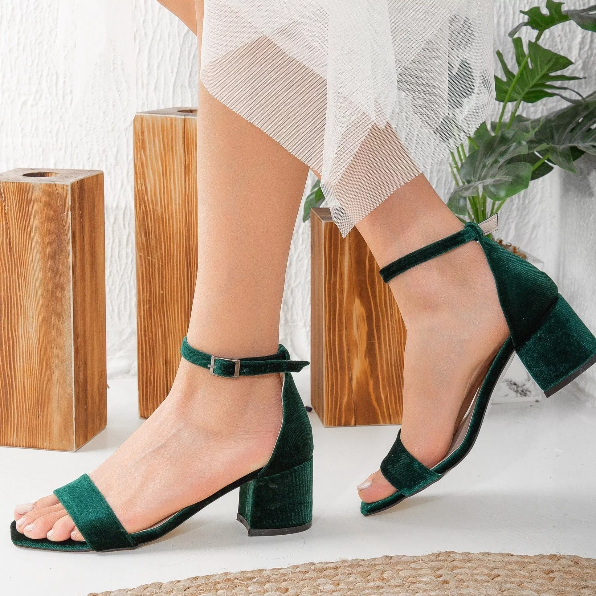 Hera Vegan Velvet Ribbon Heeled Sandals | Emerald Green