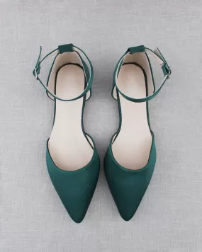 Hunter Green Satin Pointy Toe Flats with Ankle Strap