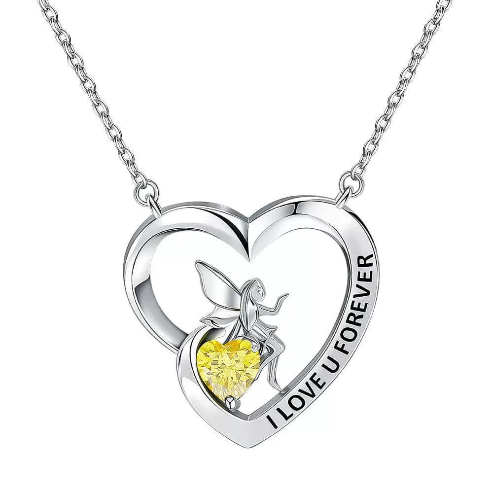 I Love U Forever Pendant Necklace with Angel and Love Heart Birthstone