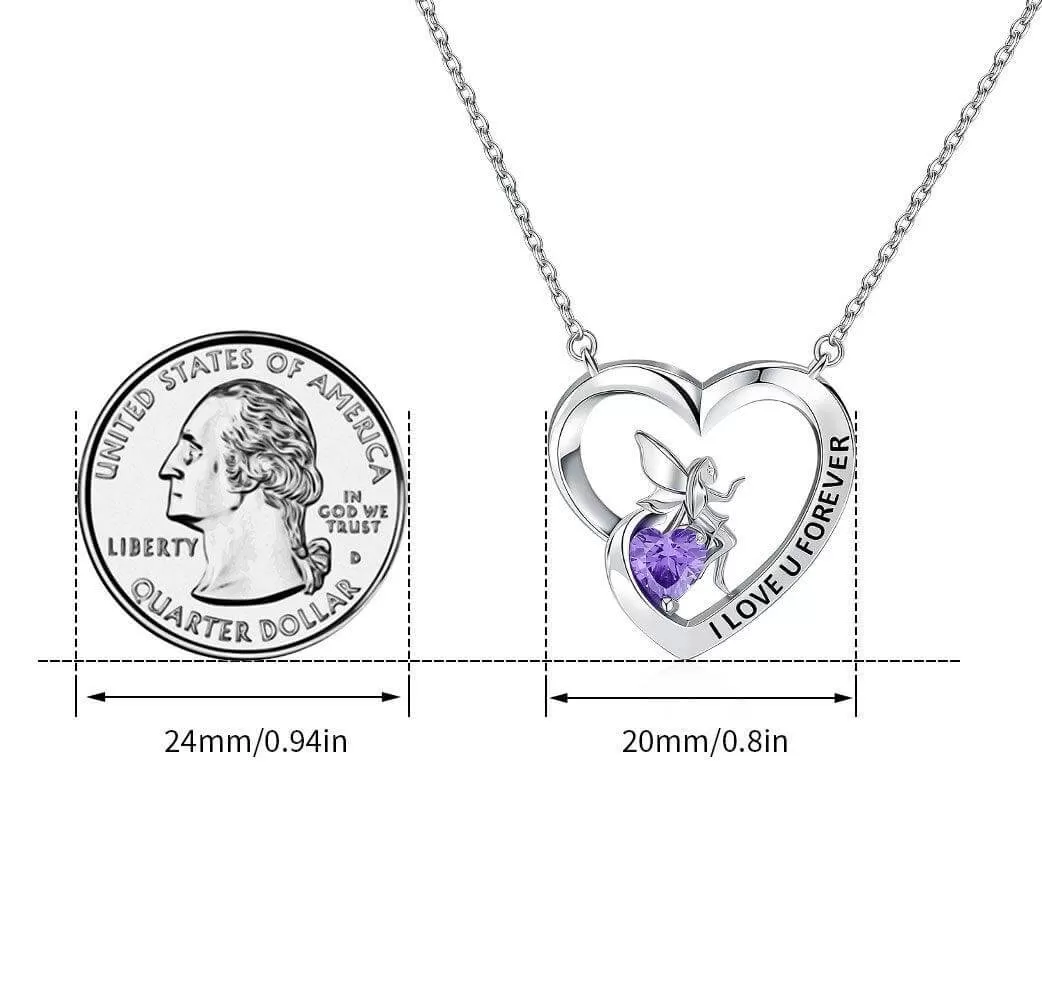 I Love U Forever Pendant Necklace with Angel and Love Heart Birthstone