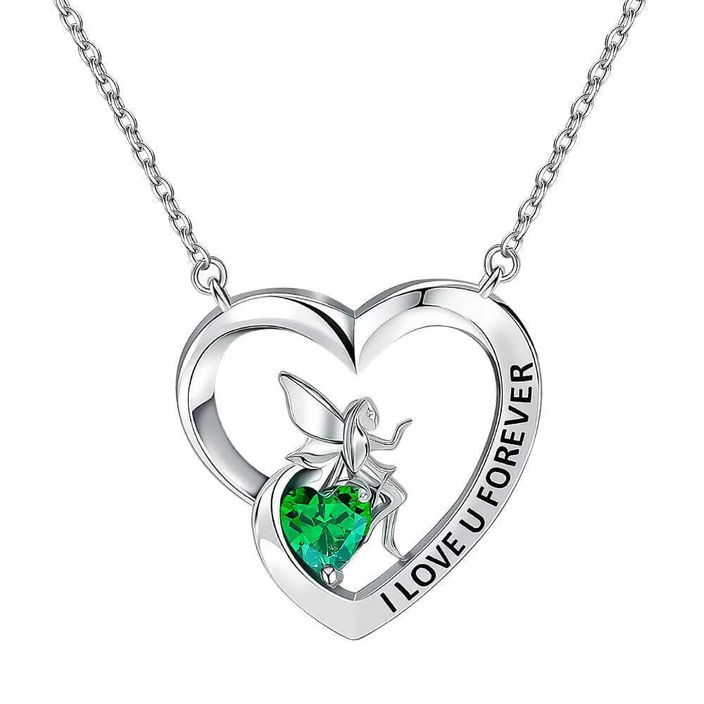 I Love U Forever Pendant Necklace with Angel and Love Heart Birthstone