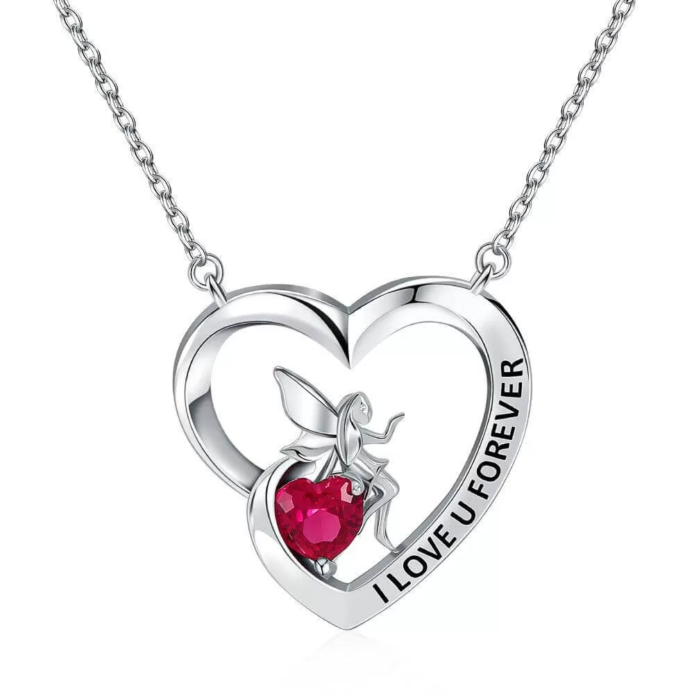 I Love U Forever Pendant Necklace with Angel and Love Heart Birthstone