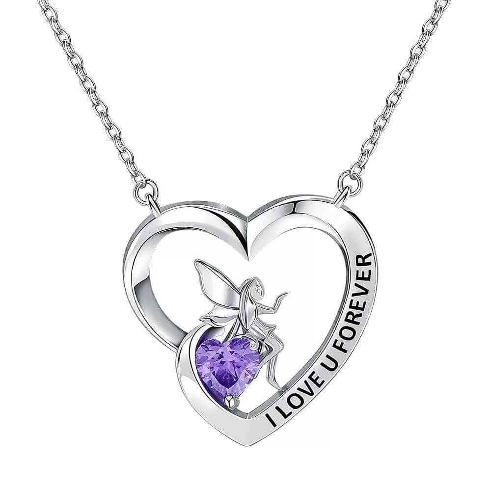 I Love U Forever Pendant Necklace with Angel and Love Heart Birthstone