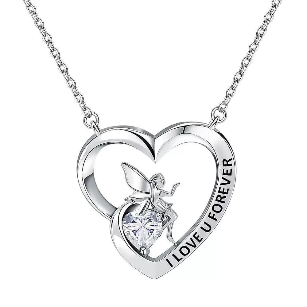 I Love U Forever Pendant Necklace with Angel and Love Heart Birthstone