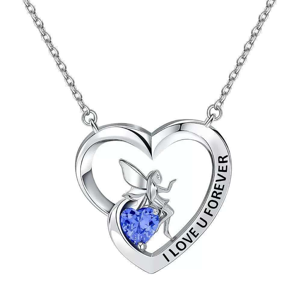 I Love U Forever Pendant Necklace with Angel and Love Heart Birthstone