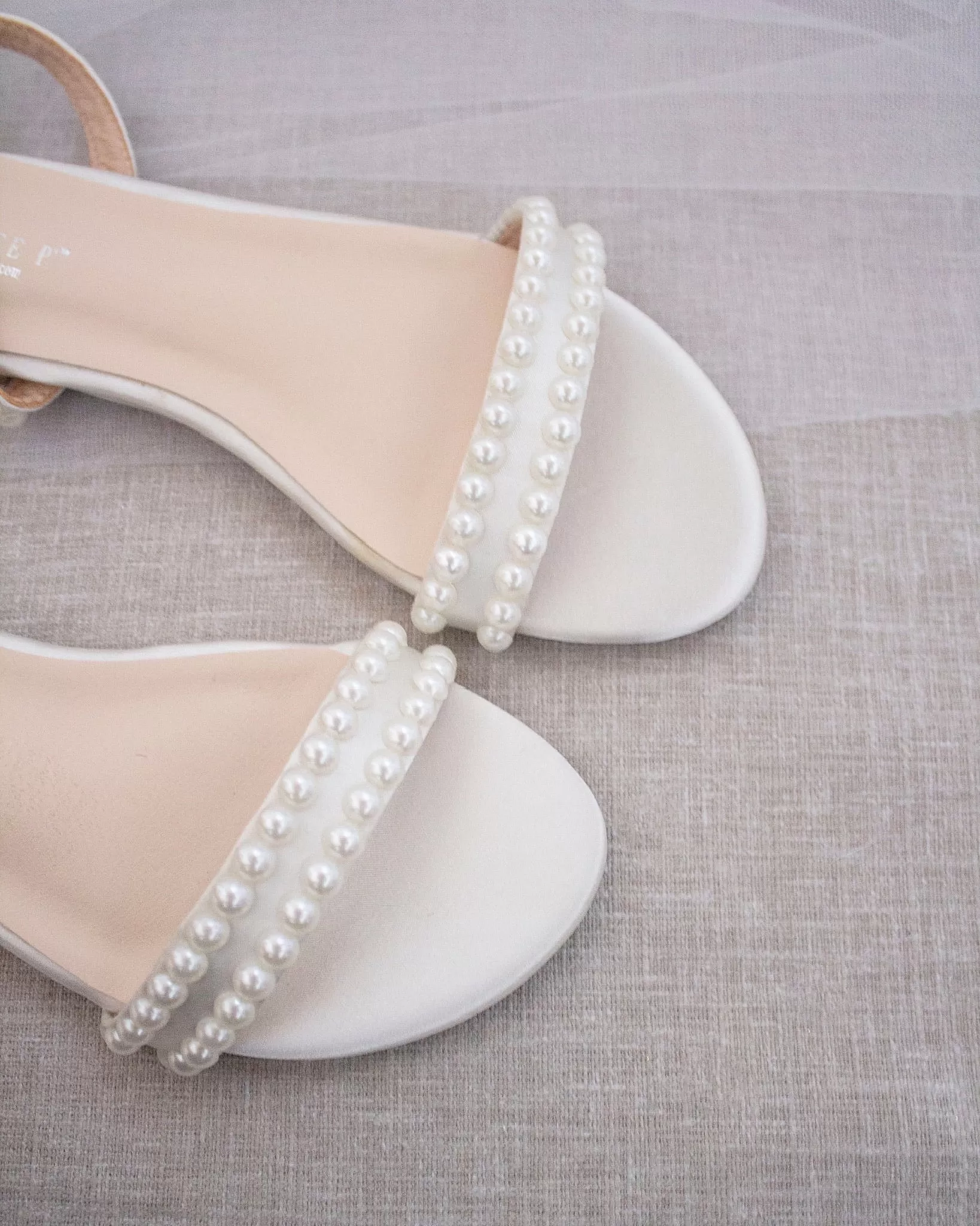 Ivory Satin Flat Sandal with Pearls and Ankle Strap