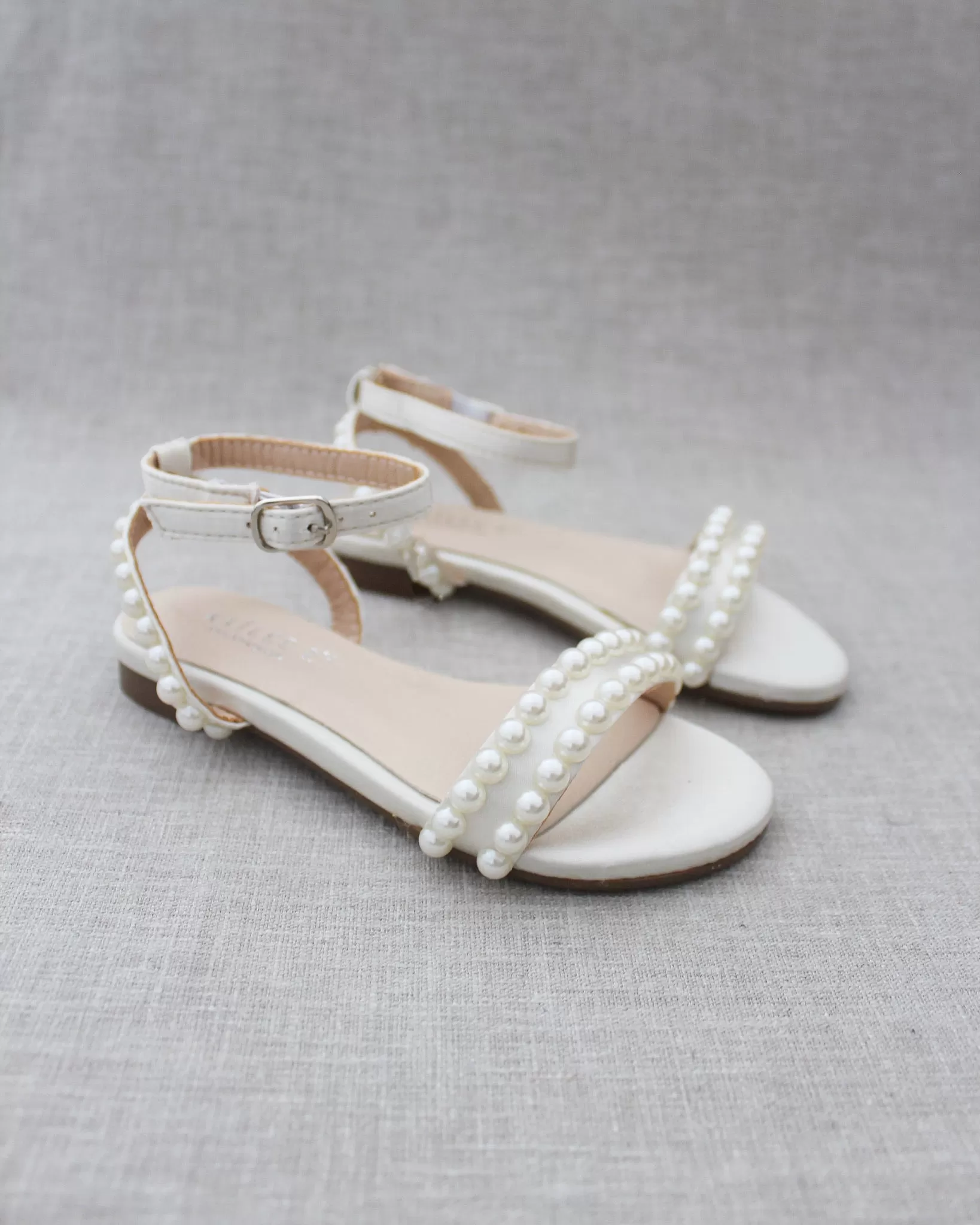 Ivory Satin Flat Sandal with Pearls and Ankle Strap