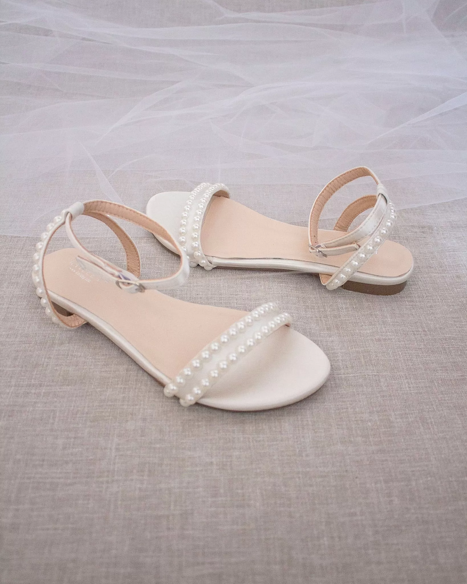 Ivory Satin Flat Sandal with Pearls and Ankle Strap