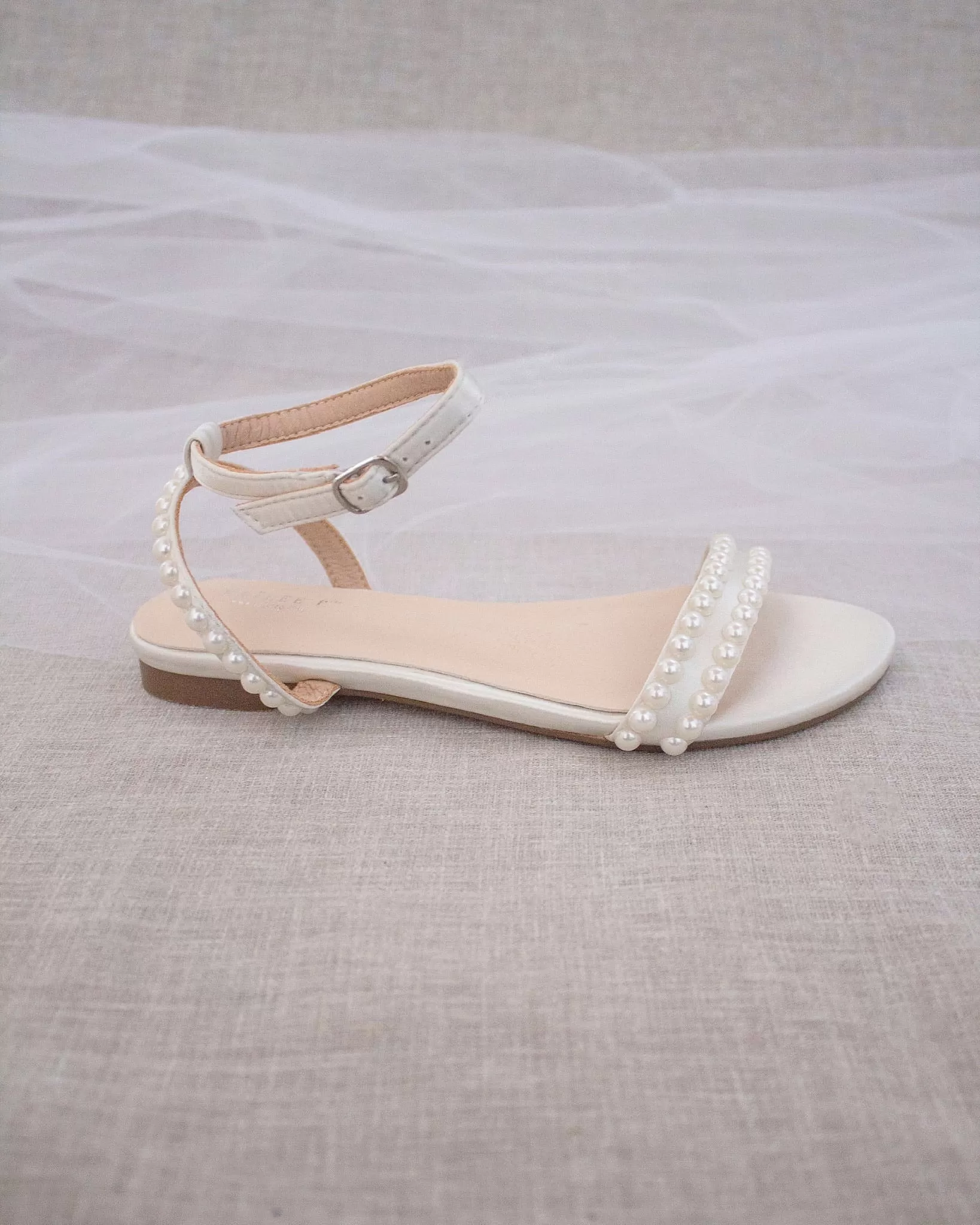 Ivory Satin Flat Sandal with Pearls and Ankle Strap