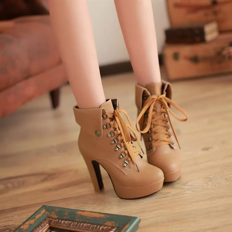 Lace Up Platform Short Motorcycle Boots Plus Size Women Shoes 9729