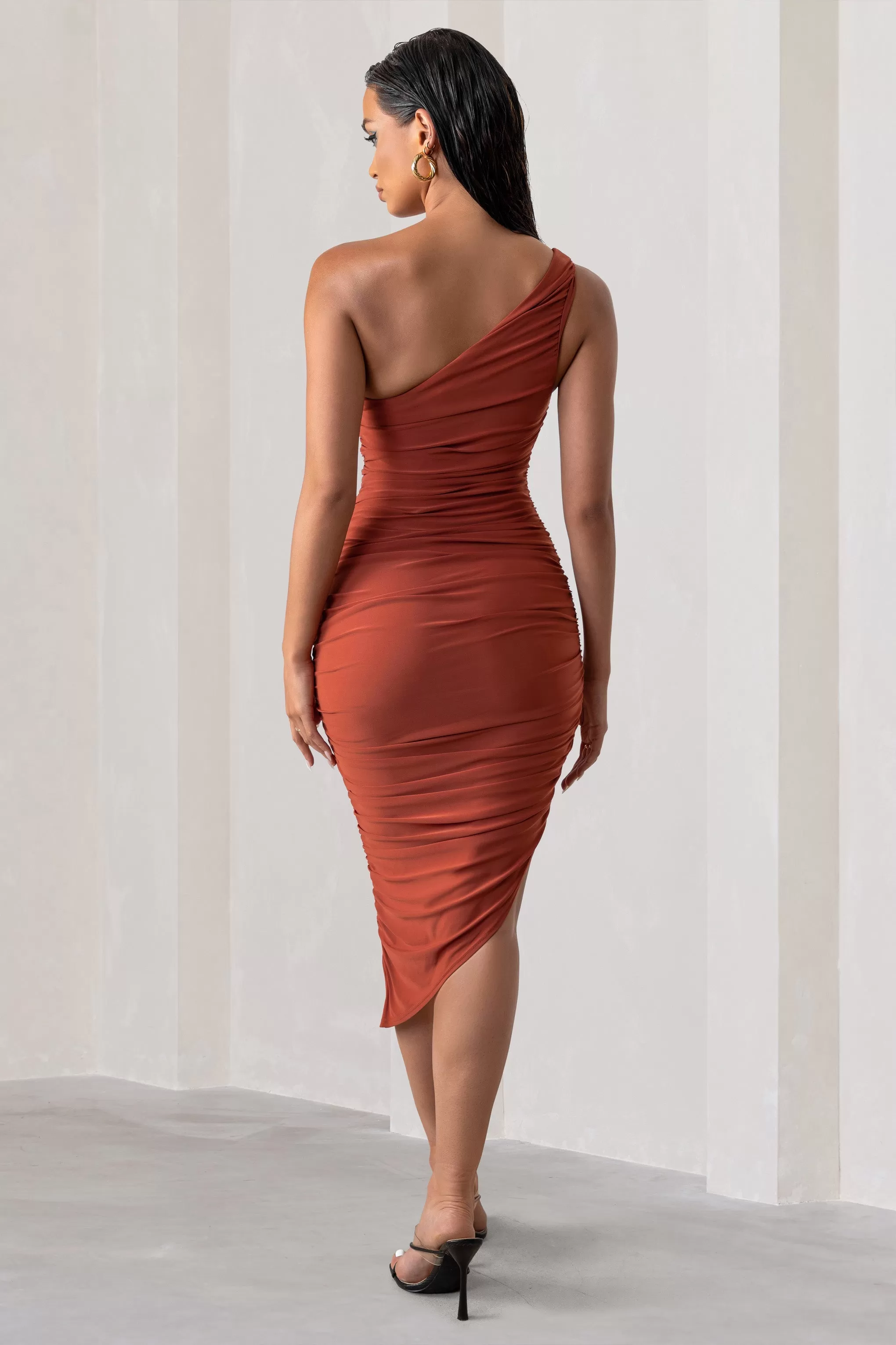 Late Night | Rust Asymmetric One Shoulder Ruched Midi Dress