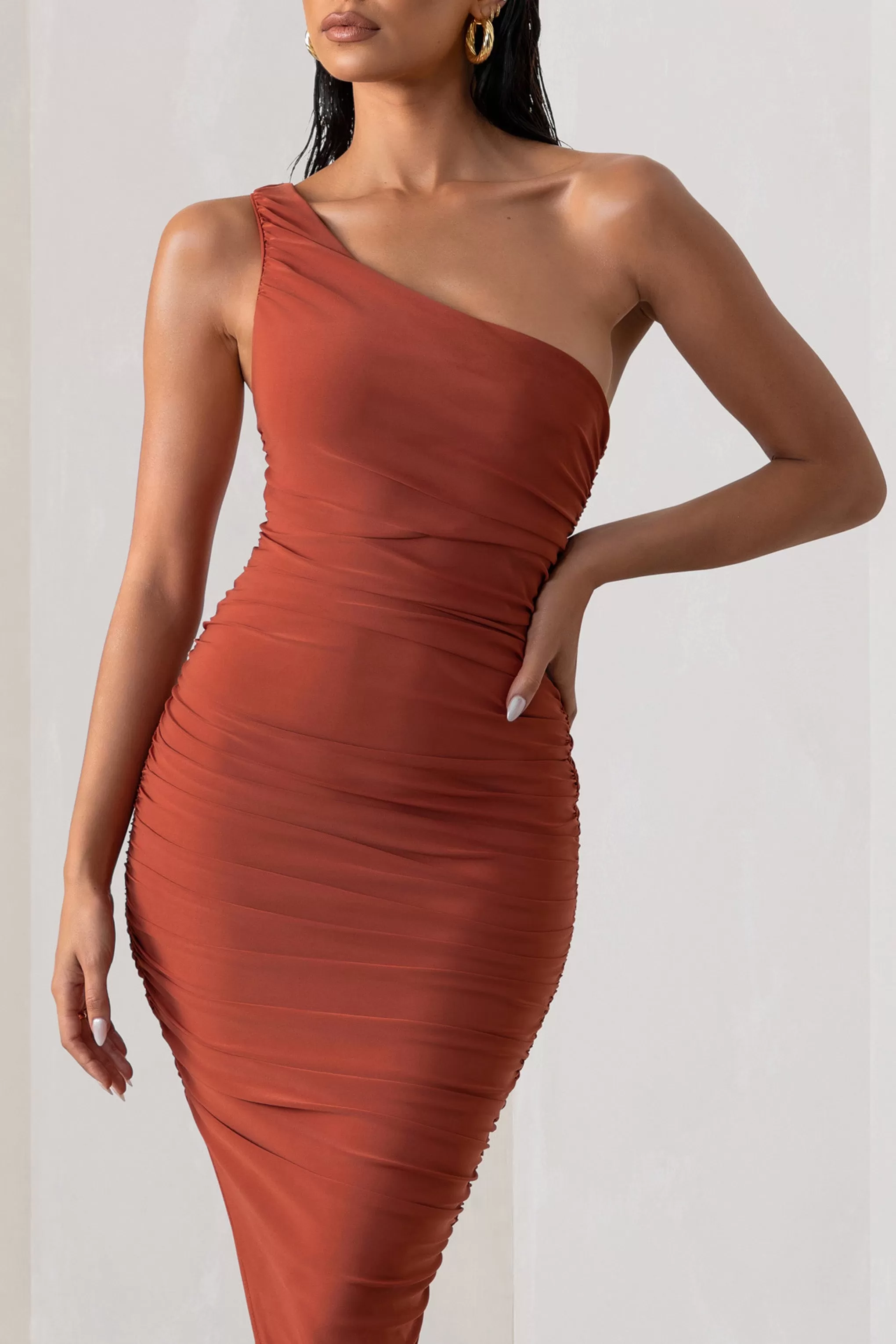 Late Night | Rust Asymmetric One Shoulder Ruched Midi Dress