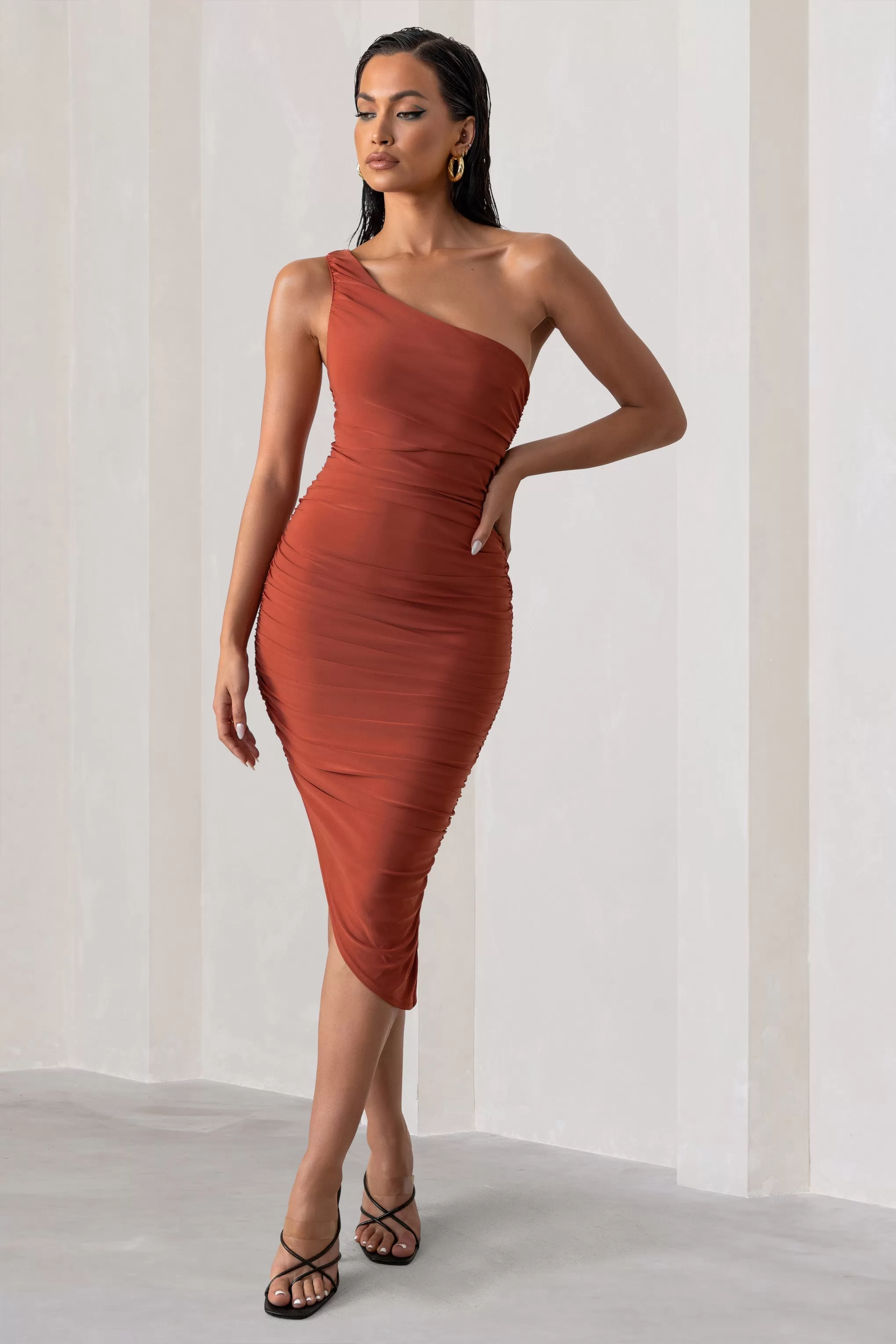 Late Night | Rust Asymmetric One Shoulder Ruched Midi Dress