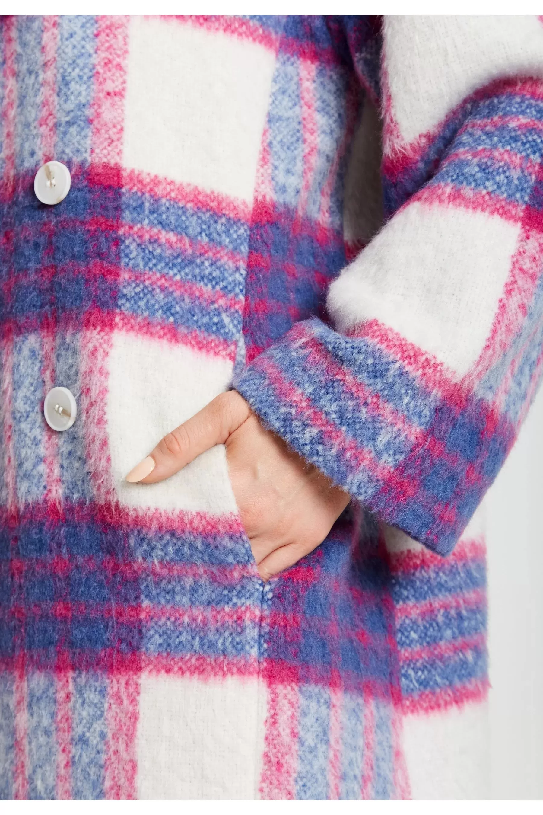 Liquorish Longline Coat In Pink And Navy Checks