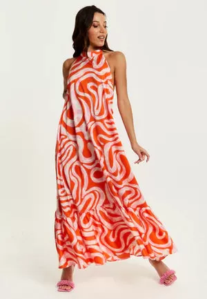 Liquorish Pink And Red Abstract Print Halter Neck Maxi