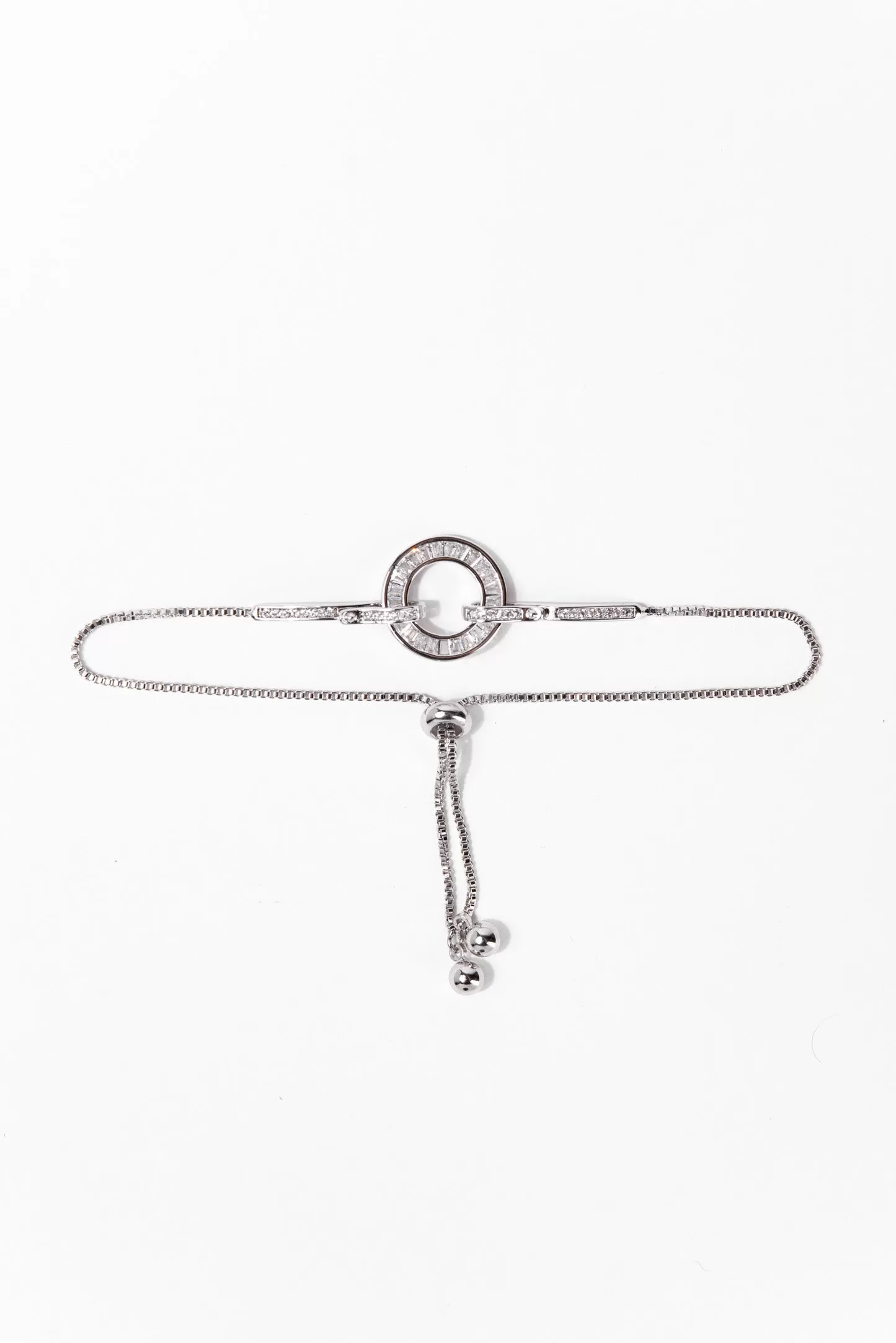 Luna Baguette CZ Circle Adjustable Bracelet - Sliver