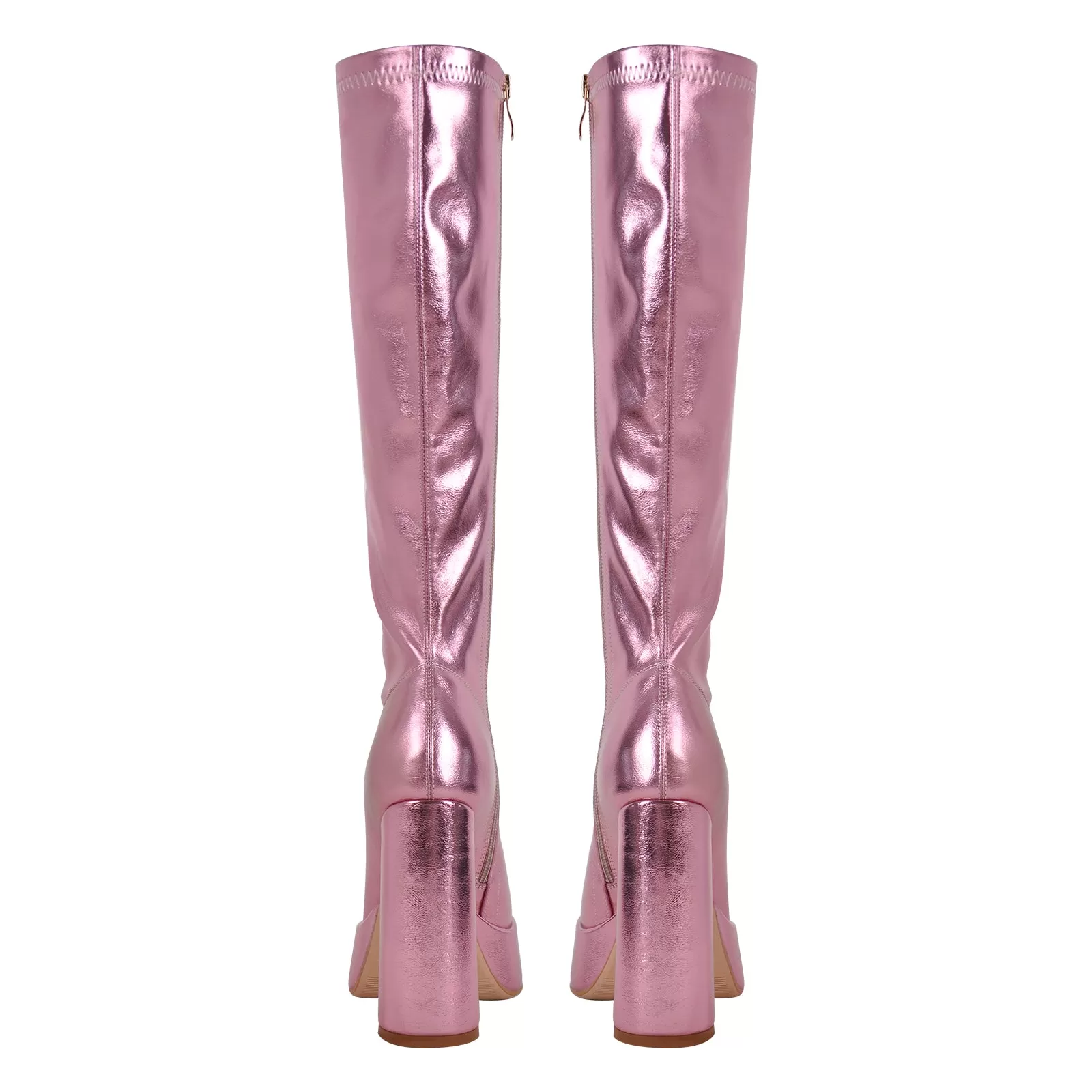 Metallic Leather Platform Chunky Heel Knee High Boots