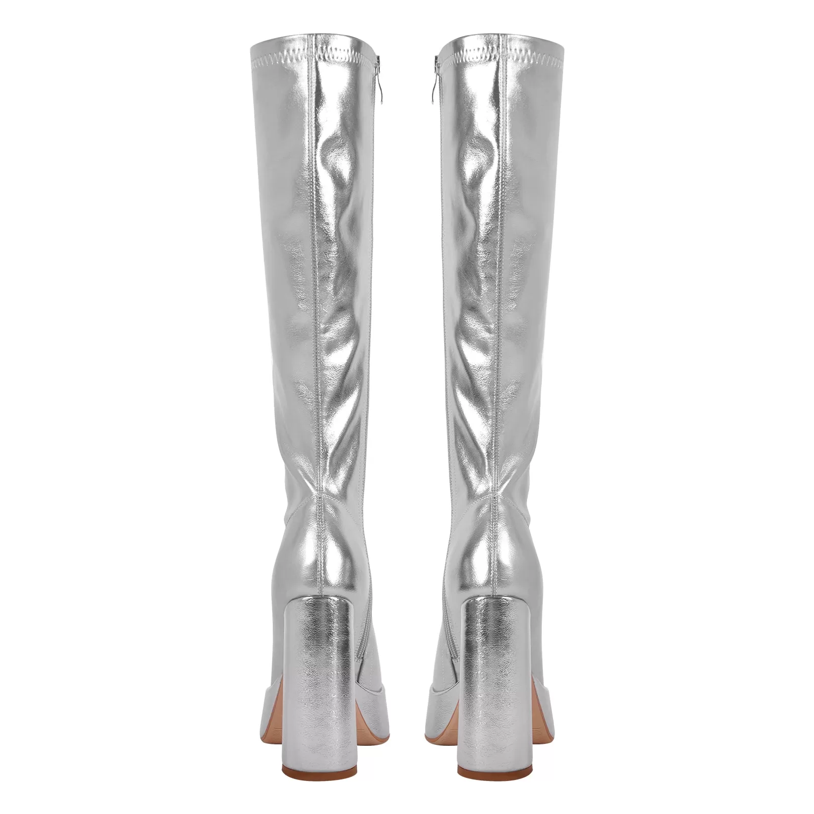 Metallic Leather Platform Chunky Heel Knee High Boots