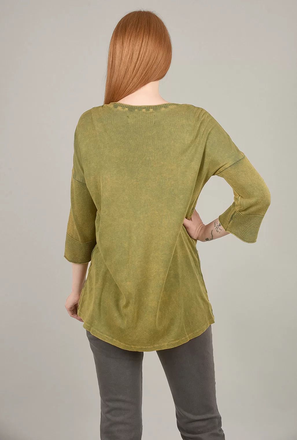 Mineral-Wash Contrast Sweater, Green Olive